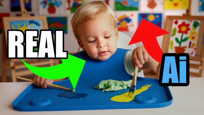 Graphic comparison showing a toddler painting versus AI-generated art, with arrows indicating 'REAL' and 'AI' labels