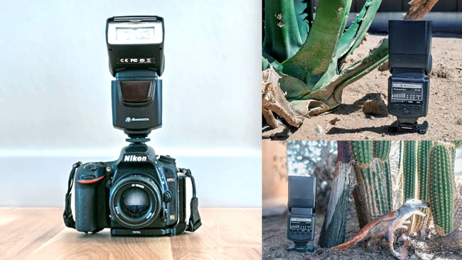 Nikon camera with external flash mounted on top, displayed on wooden surface with three field usage examples shown on right.