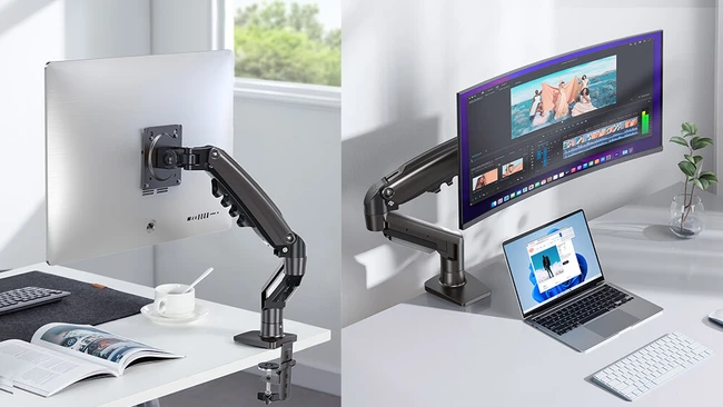 Side-by-side comparison of monitor arm setups for creative workstations