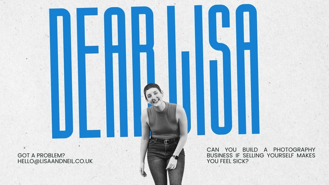 Graphic poster featuring a woman in casual clothing against vertical blue stripes with overlaid text
