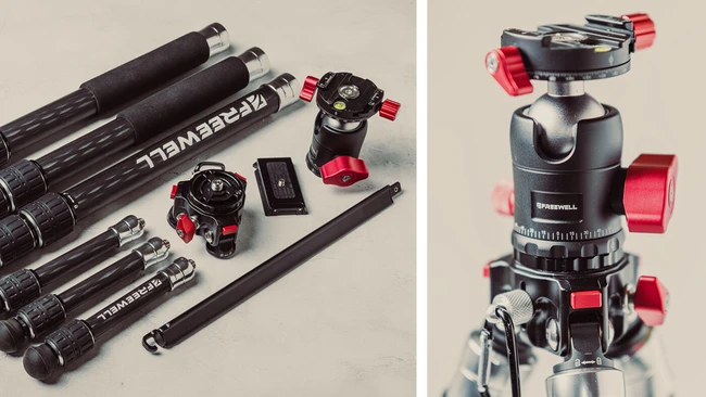 Professional camera tripod with ball head and red accents displayed alongside carbon fiber tripod legs and accessories