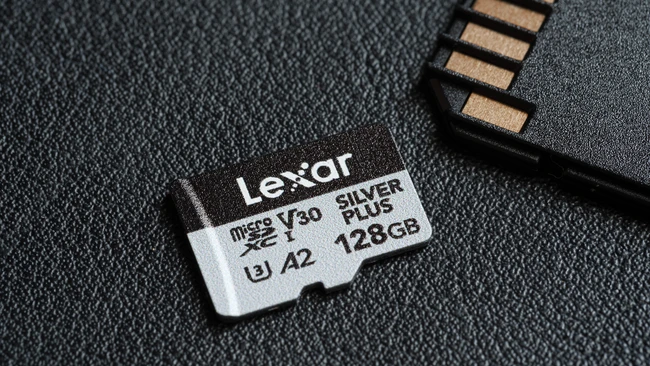 Lexar Silver Plus 128GB microSD card with V30, U3, and A2 speed class ratings next to a card reader