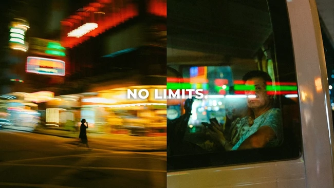 Split-screen composition showing blurred neon-lit street scene with "NO LIMITS" text overlay and portrait of person in vehicle.