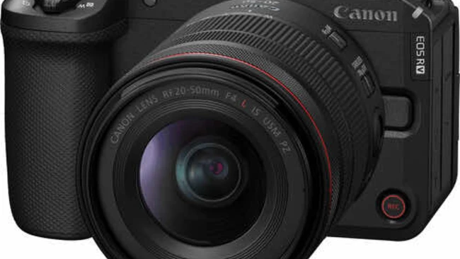 Canon EOS R5C mirrorless camera with RF mount lens against white background