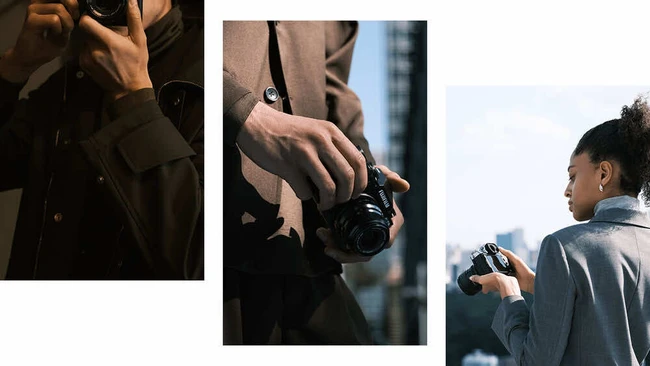 Three vertical panels showing photographers holding and operating cameras in various outdoor settings