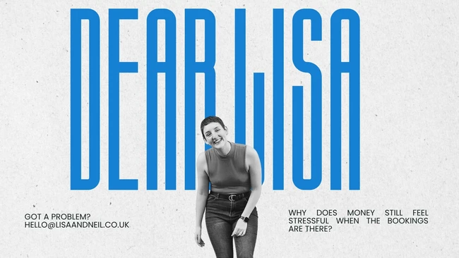Graphic design poster featuring bold blue vertical stripes with a black and white portrait photograph of a woman centered between the text 'DEAR LISA'