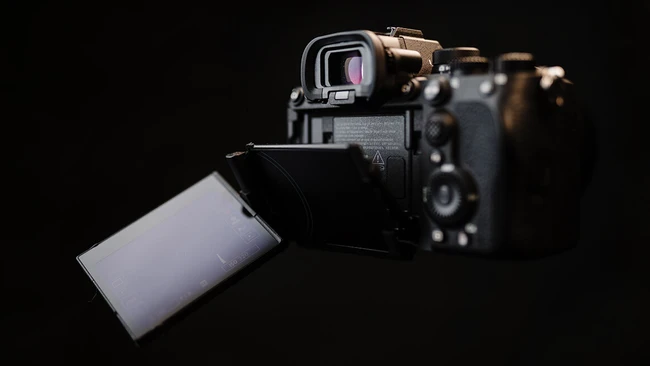 Sony mirrorless camera with articulating touchscreen display tilted outward against black background