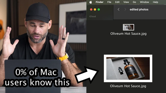 Screenshot showing macOS Finder window with edited photos folder and a man gesturing with text overlay about Mac user knowledge