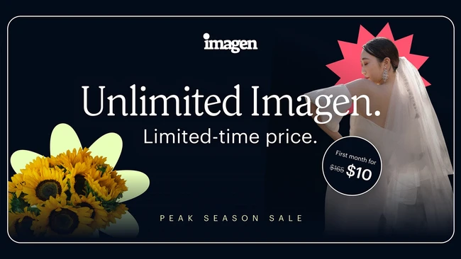 Promotional graphic for Imagen subscription service featuring bride with veil and sunflowers
