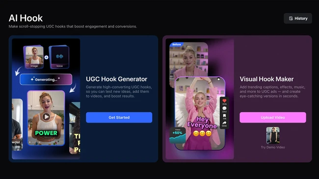 Captura de pantalla de la plataforma AI Hook que muestra las herramientas UGC Hook Generator y Visual Hook Maker