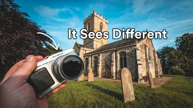 Hand holding a vintage rangefinder camera with a historic stone church and graveyard in the background