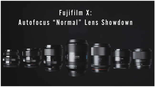 Row of eight Fujifilm X-mount autofocus normal lenses arranged in ascending size order against a black background