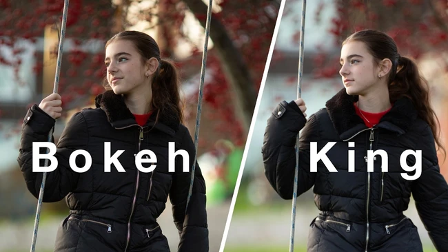 Side-by-side comparison showing bokeh versus king effect on portrait of woman on swing
