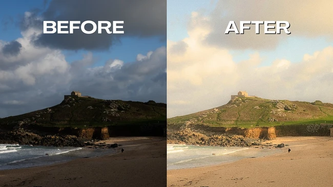 Before and after comparison of coastal beach scene with castle ruins on hillside