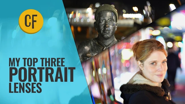 Graphic displaying portrait photography guide with statue and woman's portrait examples