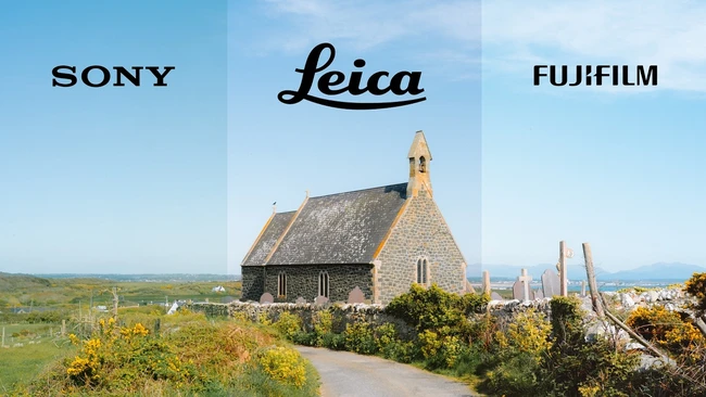 Comparison graphic showing Sony, Leica, and Fujifilm logos above a coastal landscape with a stone church