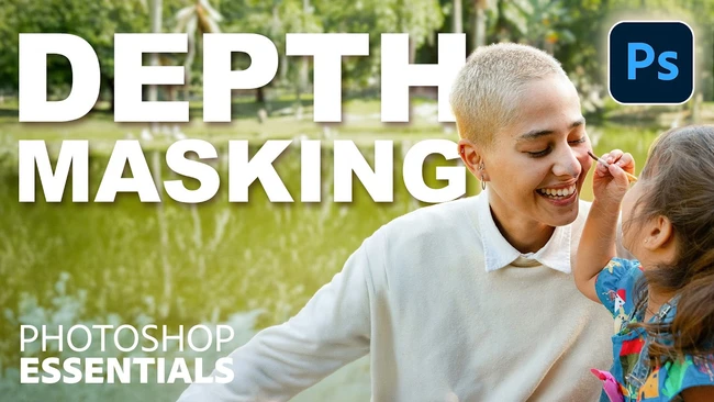 Screenshot showing Photoshop's Depth Masking tutorial with a woman and child outdoors