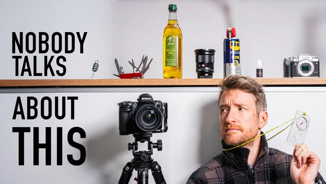 Photographer holding light meter next to camera on tripod with text overlay 'Nobody Talks About This'