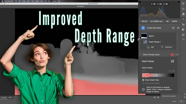 Screenshot of photo editing software showing depth range adjustment interface with a portrait of a person in green shirt pointing upward