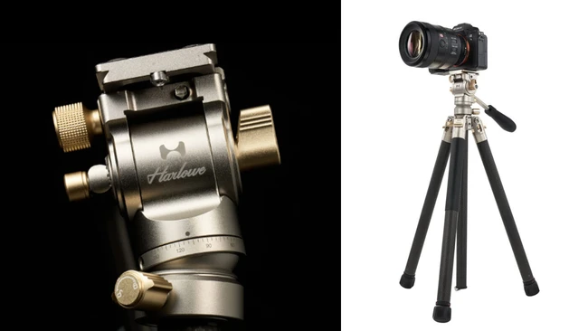 Hanlace fluid head tripod mount with brass handles shown in profile against black background, paired with camera on tripod rig