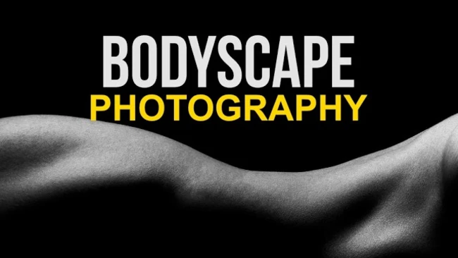 Graphic design featuring curved human form with "BODYSCAPE PHOTOGRAPHY" text