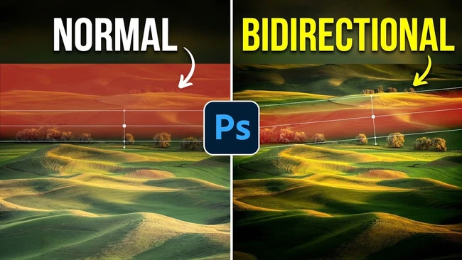 Side-by-side comparison graphic showing normal vs. bidirectional effects in Photoshop on landscape image