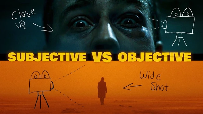 Graphic comparing subjective vs objective filmmaking techniques with split-screen cinematography examples