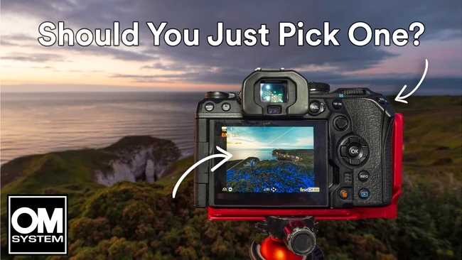 Camera mounted on red tripod plate displaying landscape photo on rear screen and electronic viewfinder