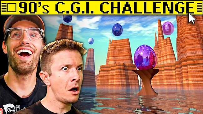 Graphic showing two people reacting with surprised expressions next to surreal CGI landscape with floating spheres