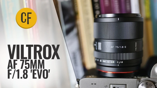 Viltrox AF 75mm f/1.8 'EVO' lens mounted on camera with yellow CF badge visible