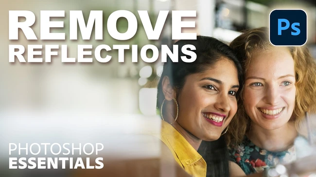 Tutorial graphic showing two women with bright smiles, demonstrating reflection removal technique in Photoshop