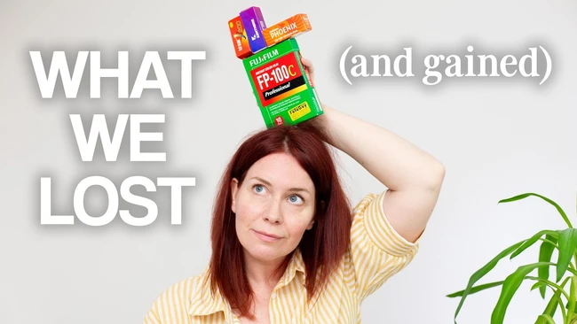 Woman holding stacked paint cans above her head with text overlay reading 'WHAT WE LOST (and gained)'