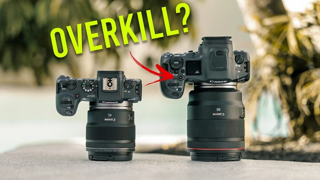 Two Canon cameras with lenses displayed side-by-side, with larger camera marked by arrow and yellow "OVERKILL?" text