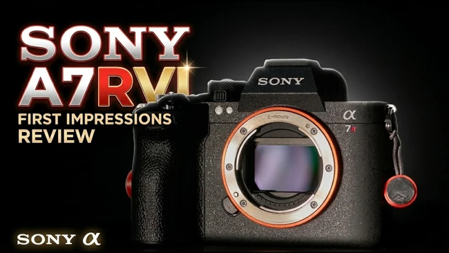 Graphic design showing Sony A7RV camera body with 'First Impressions Review' text overlay