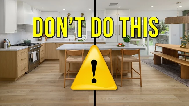Graphic illustration of modern kitchen with warning triangle overlay and text reading 'DON'T DO THIS'