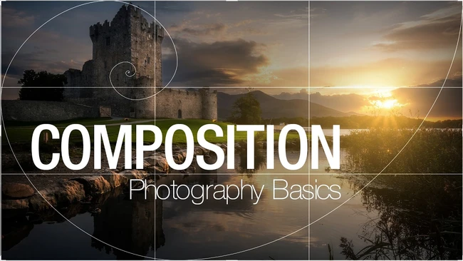 Graphic titled 'Composition Photography Basics' overlaying a castle landscape with golden hour lighting and compositional guides