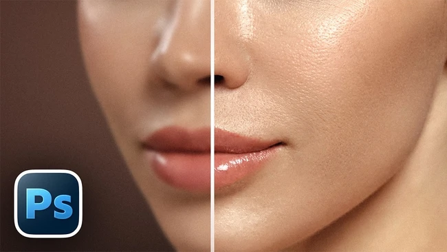 Before and after split-screen comparison of skin retouching in Adobe Photoshop