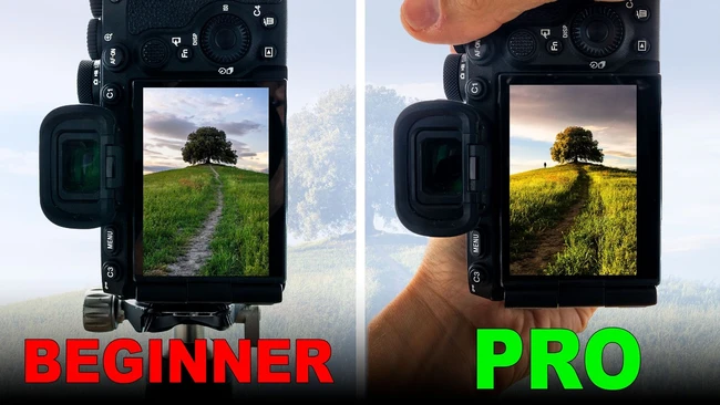 Comparison graphic showing landscape photography captured by beginner versus professional photographer using same scene