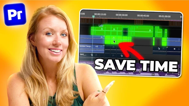 Screenshot graphic showing Adobe Premiere Pro timeline with editing interface and 'SAVE TIME' text overlay