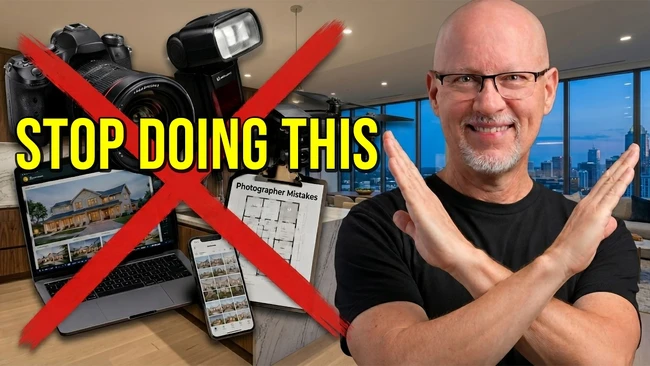 Photographer making X gesture with arms crossed over photography equipment and mistakes chart