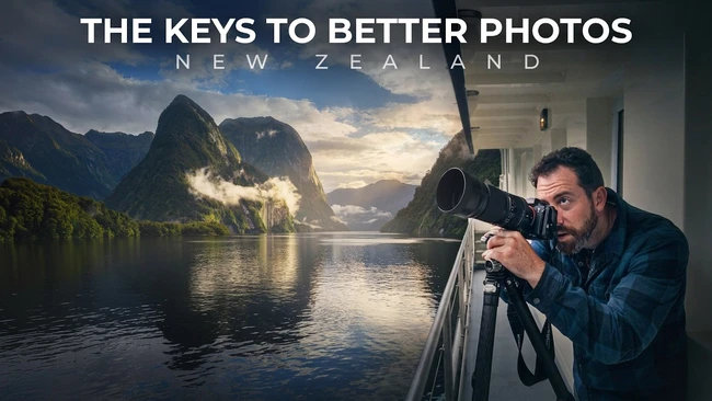 Photographer using telephoto lens on boat railing with Milford Sound fjord landscape behind