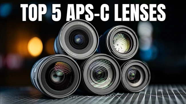 Five APS-C camera lenses arranged in a circular composition with bokeh background