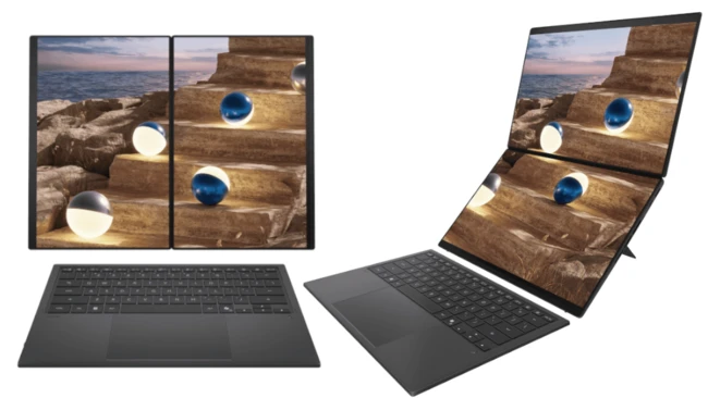 Concept rendering of a foldable laptop device with dual screens displaying landscape photography