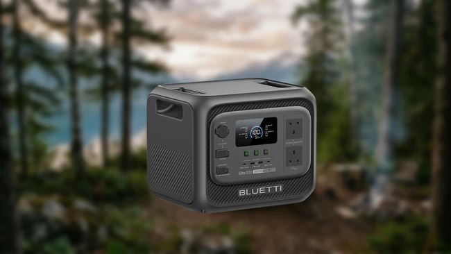 Bluetti portable power station displayed in forest landscape setting
