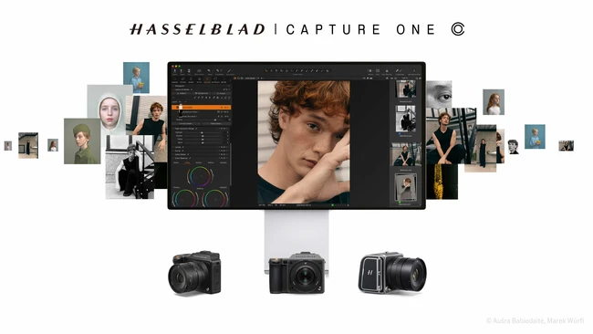 Hasselblad Capture One software interface with portrait editing workflow and camera equipment