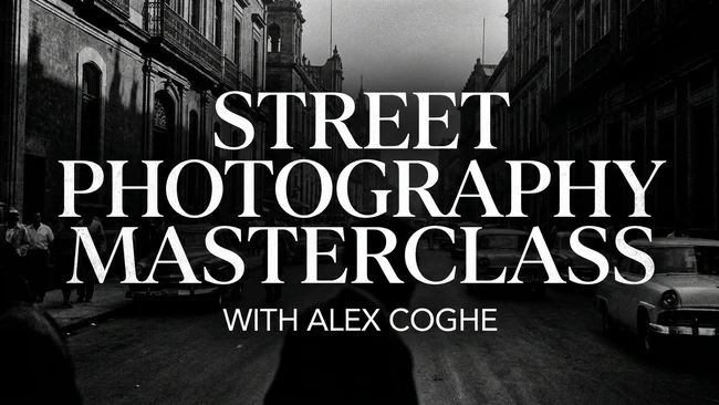 Graphic promoting a street photography masterclass with Alex Coghe, displayed as white typography over a black and white urban street scene