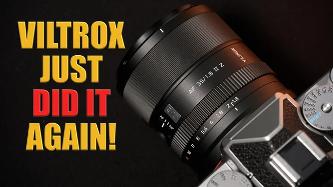 Viltrox lens on vintage film camera with bold text overlay reading 'VILTROX JUST DID IT AGAIN!'