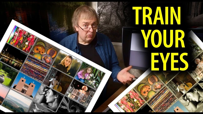 Photographer examines contact sheets displaying grid layouts of photographs while yellow text reads 'TRAIN YOUR EYES'