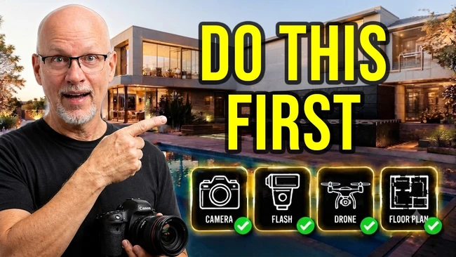 Photographer holding DSLR camera pointing at modern house with pool, with text overlay listing equipment checklist