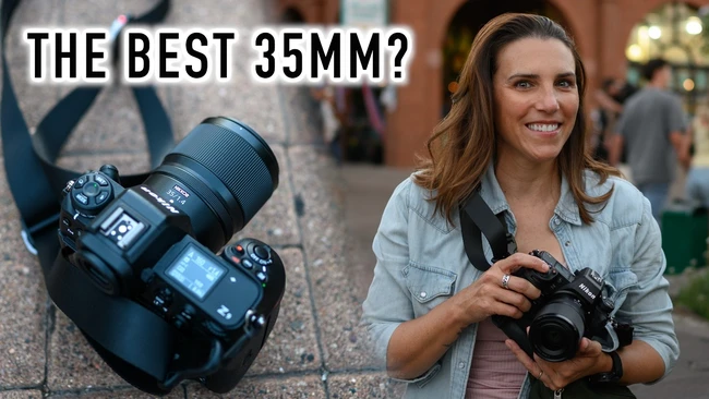 Split-screen comparison of a DSLR camera with 35mm lens and a woman holding a mirrorless camera outdoors